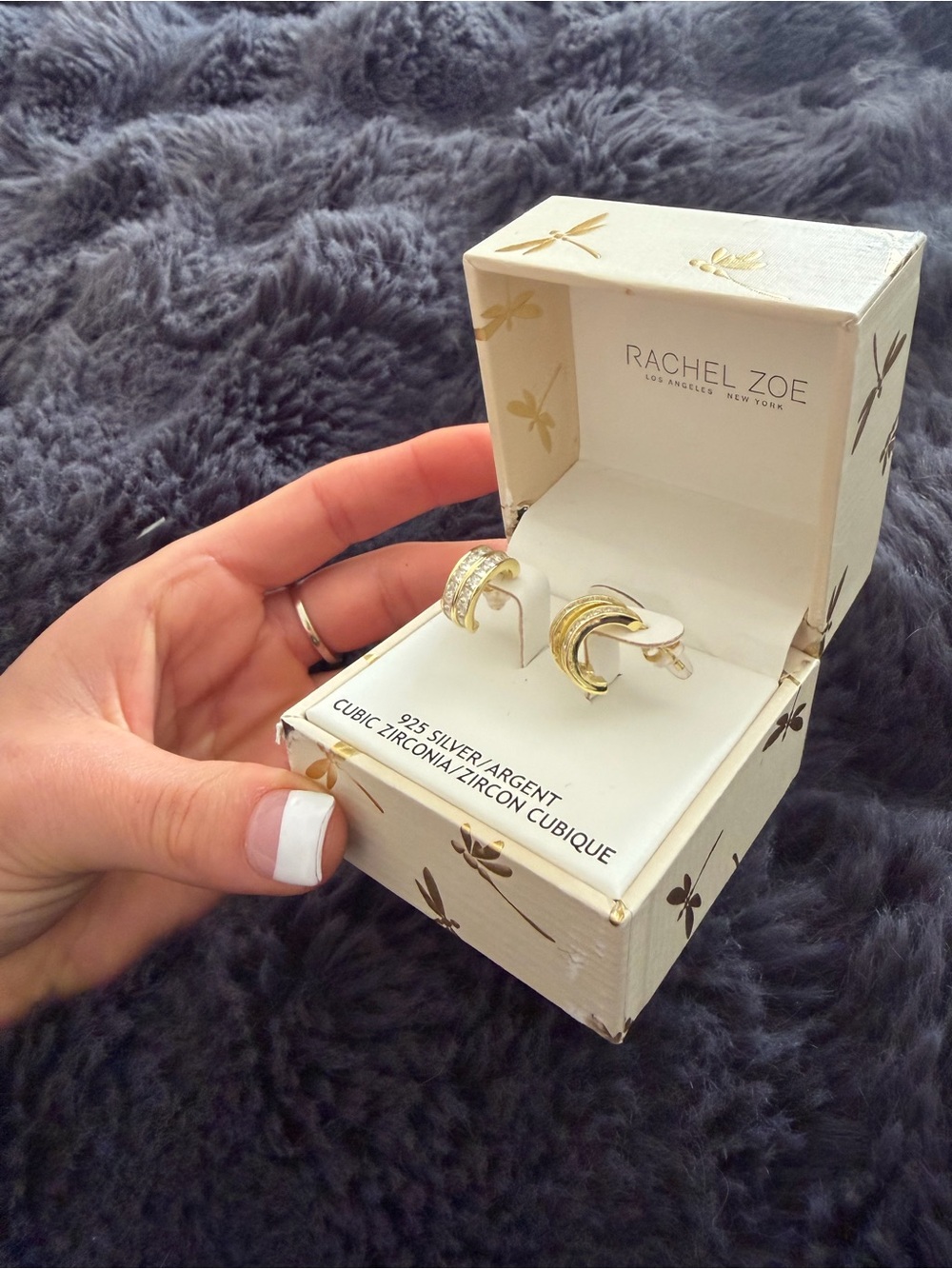 Rachel Zoe Gold and Silver Crescent Cubic Zirconia Hoop Earrings